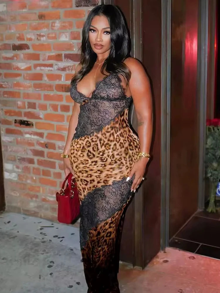 Leopard Lace Patchwork Maxi Dress