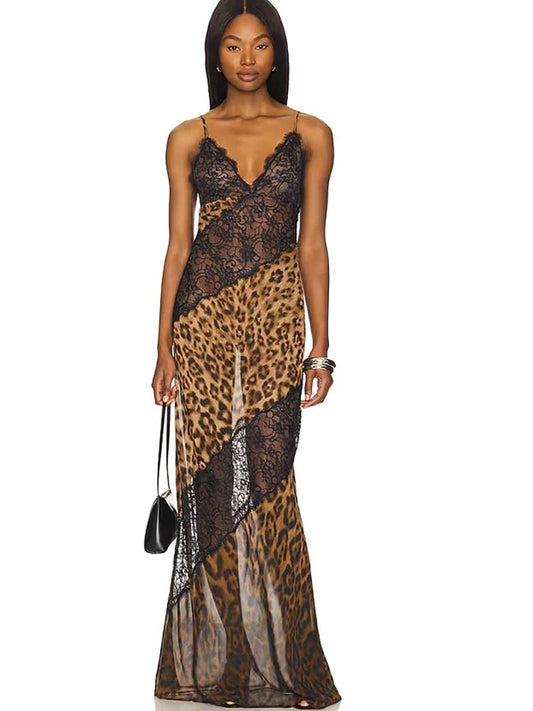 Leopard Lace Patchwork Maxi Dress